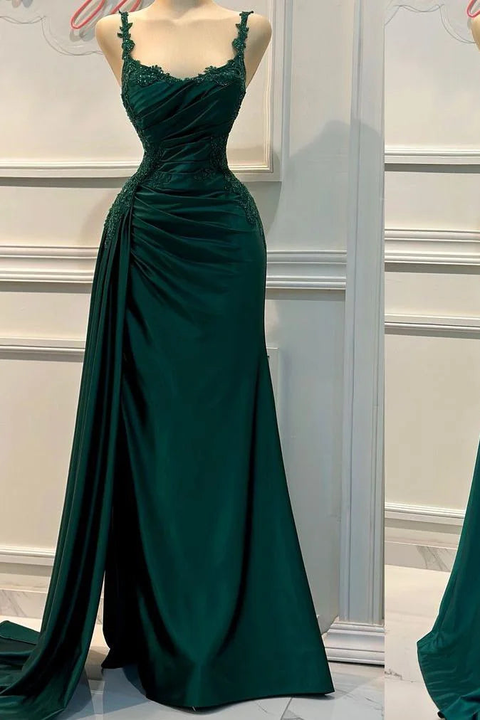 Charming Spaghetti Strap Sleeveless Pleated Long Prom Dress With Appliques TP1379