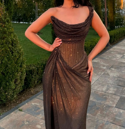 Sexy One Shoulder Black Mermaid Glitter Pleated Slit Long Prom Dresses TP1695