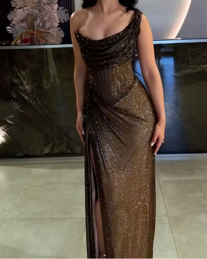 Sexy One Shoulder Black Mermaid Glitter Pleated Slit Long Prom Dresses TP1695