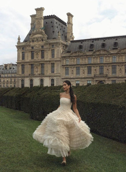 Ivory A-line Tulle Layered Pleated Princess Ball Gown Evening Dress TP1933