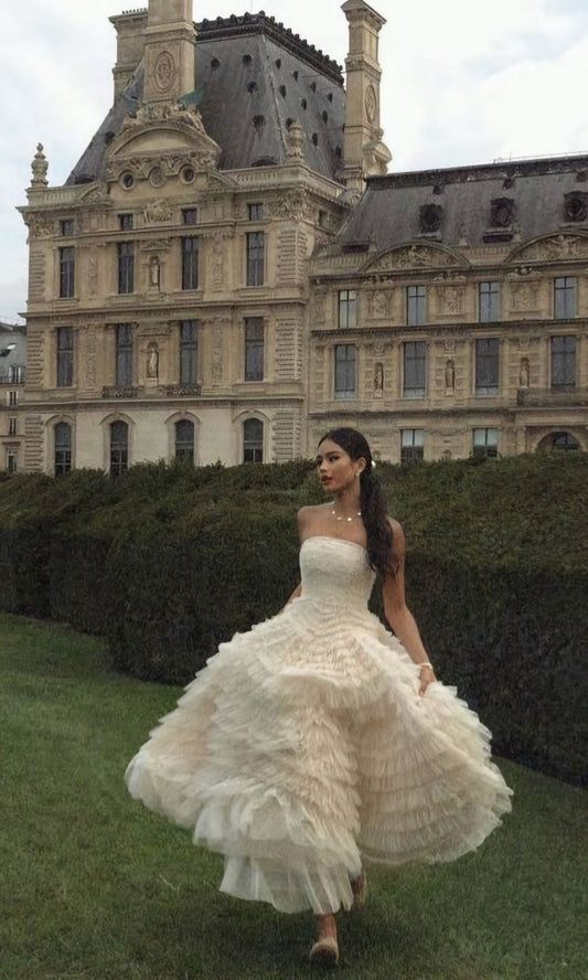 Ivory A-line Tulle Layered Pleated Princess Ball Gown Evening Dress TP1933