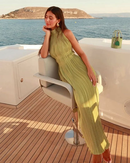 Chic Green Collarless Sleeveless Pleated Length Ankle Formal Prom Dress Evening Gown TP1935