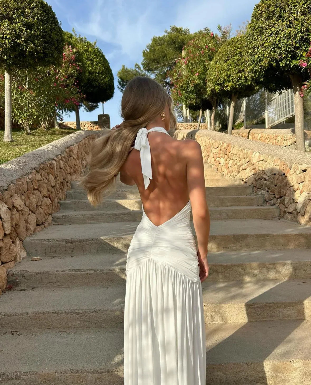 Elegant White A-line Deep V Neck Chiffon Waist Pleated Slit Long Ball Gown Evening Dress TP2139