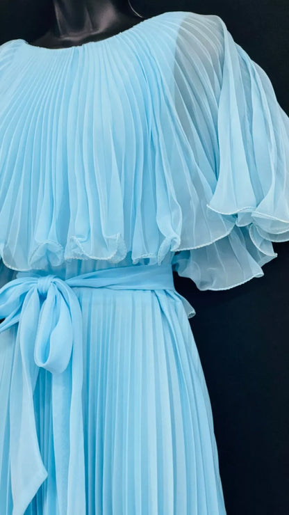 Elegant blue A-line ankle length pleated formal prom dress evening gown TP2160