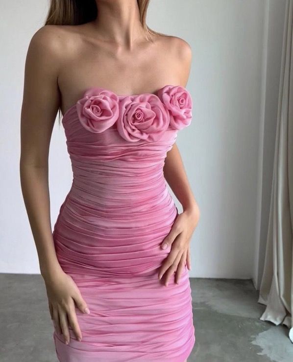 Off-the-shoulder Sleeveless Pink 3D Flower Pleated Mini Ball Gown Evening Dress TP2306
