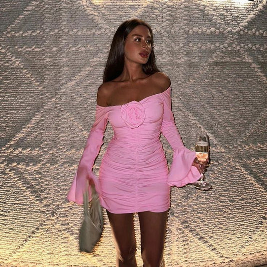 Sexy Pink Off Shoulder Long Sleeve 3D Flower Pleated Mini Party Dress Homecoming Dress TP2660