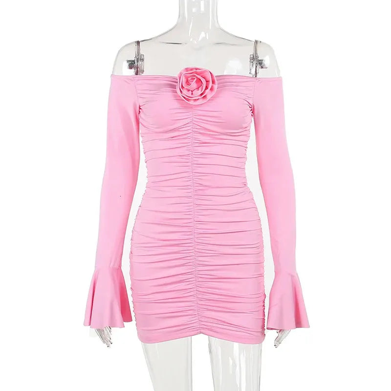 Sexy Pink Off Shoulder Long Sleeve 3D Flower Pleated Mini Party Dress Homecoming Dress TP2660