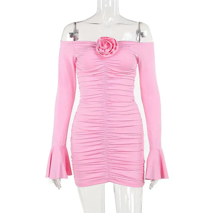 Sexy Pink Off Shoulder Long Sleeve 3D Flower Pleated Mini Party Dress Homecoming Dress TP2660