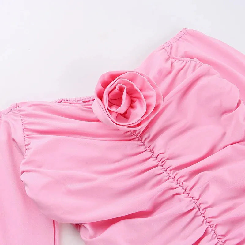 Sexy Pink Off Shoulder Long Sleeve 3D Flower Pleated Mini Party Dress Homecoming Dress TP2660