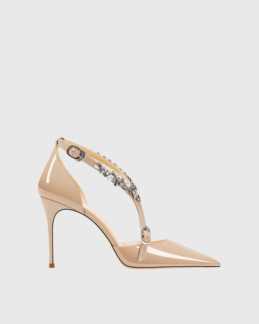 Teagan Rhinestone Halter Neck Strap Pumps In Beige