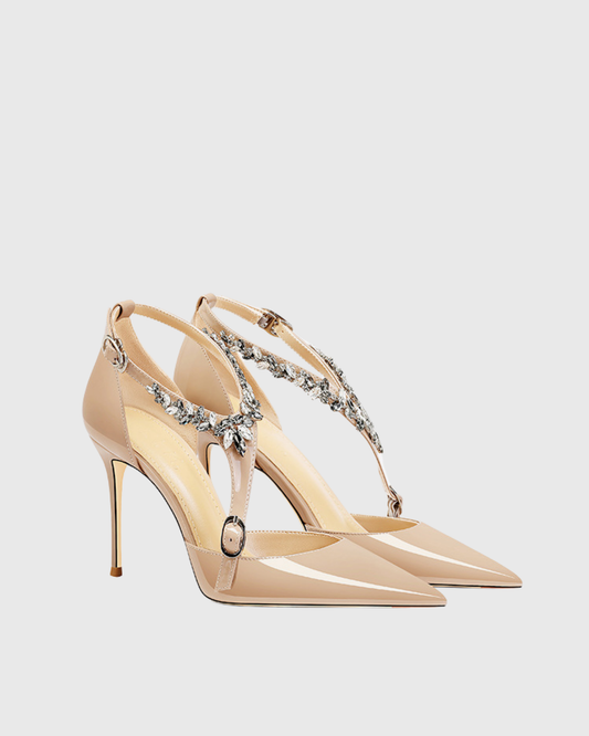 Teagan Rhinestone Halter Neck Strap Pumps In Beige