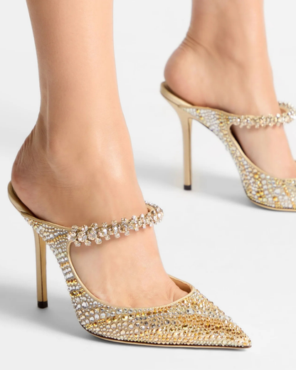 Terza Rhinestone Strap Mules In Gold