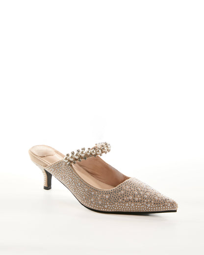 Terza Rhinestone Strap Pearl Embellished Mules In Beige