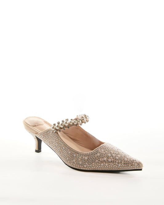 Terza Rhinestone Strap Pearl Embellished Mules In Beige