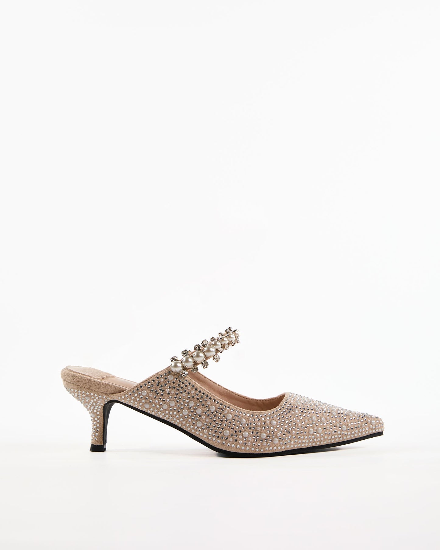 Terza Rhinestone Strap Pearl Embellished Mules In Beige