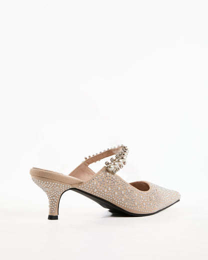 Terza Rhinestone Strap Pearl Embellished Mules In Beige