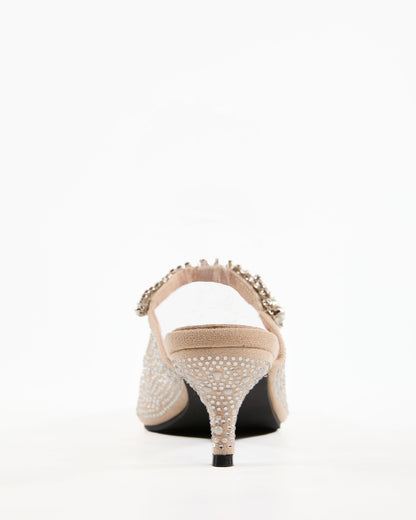 Terza Rhinestone Strap Pearl Embellished Mules In Beige