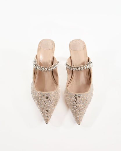 Terza Rhinestone Strap Pearl Embellished Mules In Beige