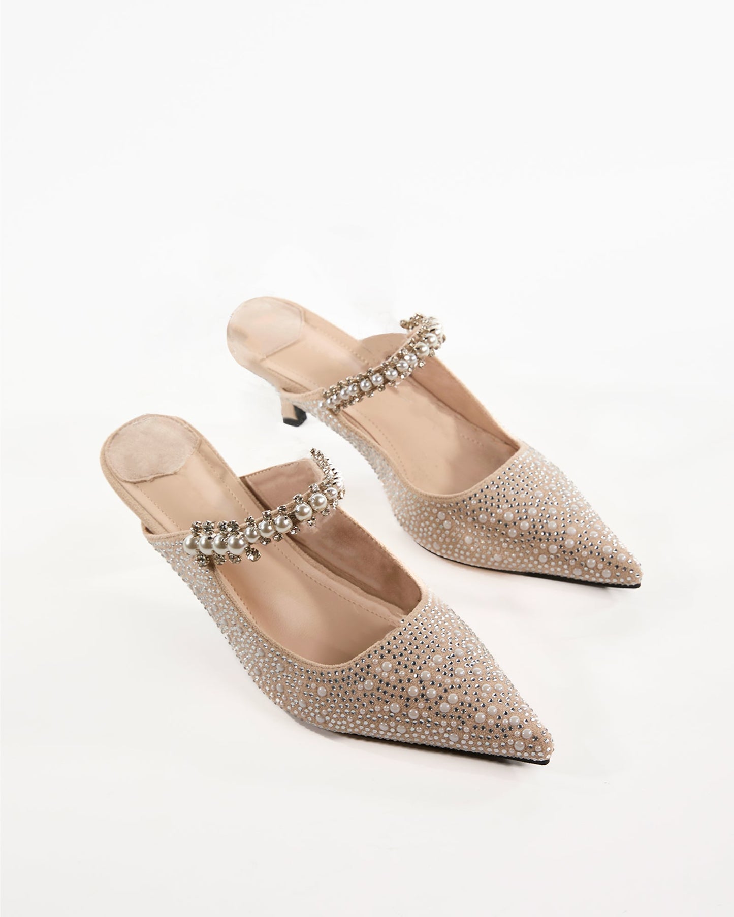 Terza Rhinestone Strap Pearl Embellished Mules In Beige
