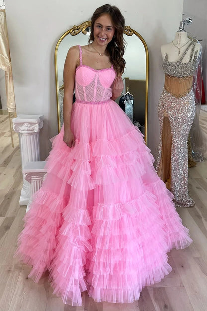 Tiered Ruffle Tulle Prom Dress Beaded Evening Dress Wp458