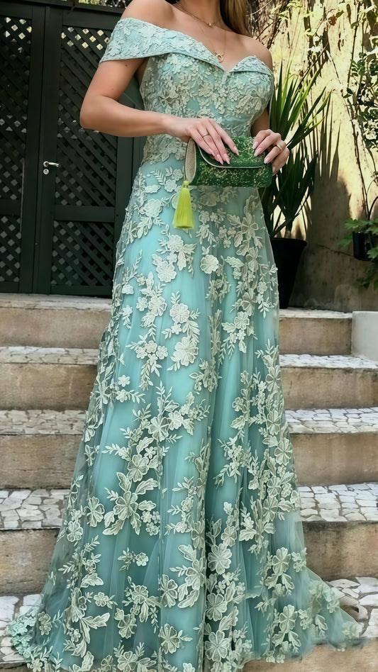 Tiffany Blue Lace Prom Dress, Off The Shoulder Formal Gown