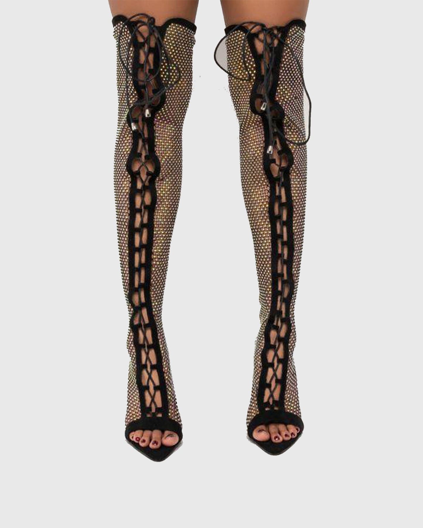 Titian Diamond Mesh Lace Up Over The knee Boots