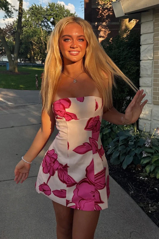 Vintage Floral Strapless Sheath Homecoming Dress Party Dress Cocktail Dress TP4707