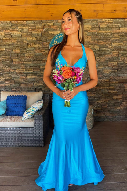 V-neck Open Back Ruched Mermaid Graduation Dress Formal Dresses Long