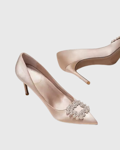 Vaike Rhinestone Buckle Satin Pumps In Champagne