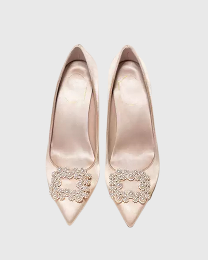 Vaike Rhinestone Buckle Satin Pumps In Champagne