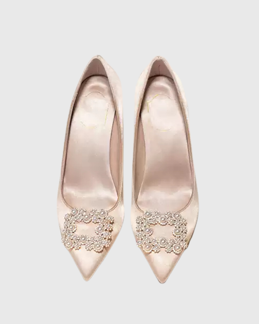 Vaike Rhinestone Buckle Satin Pumps In Champagne