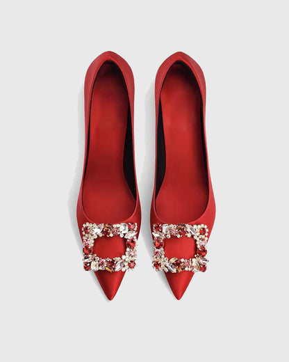 Vaike Rhinestone Buckle Satin Pumps In Red