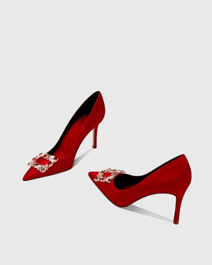 Vaike Rhinestone Buckle Satin Pumps In Red