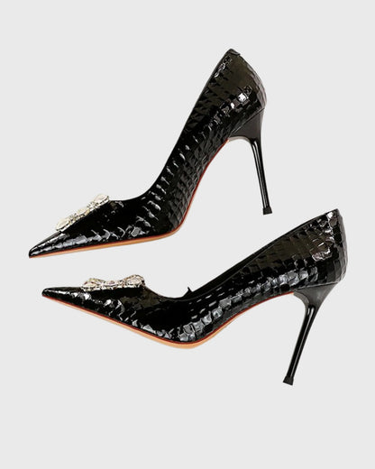 Vaike Rhinestone Buckle Leather Pumps In Black