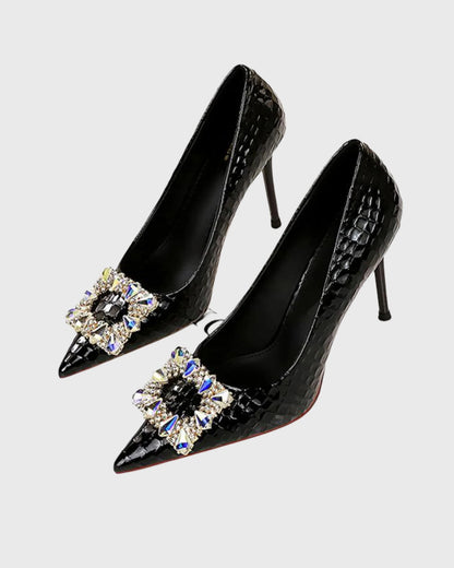 Vaike Rhinestone Buckle Leather Pumps In Black