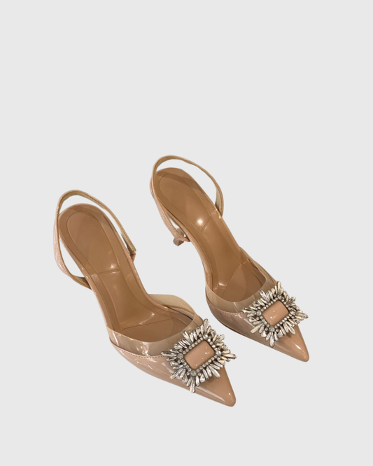 Vaike Rhinestone Buckle Slingback Pumps In Beige