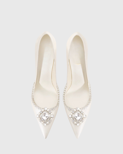 Vaike Rhinestone Satin Pumps In Cream