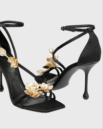 Vail Pearl Metal Flower Lace Up Sandals