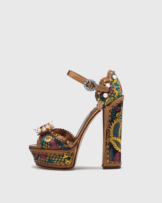 Valeria Pearl Vintage Embroidery Platform Sandals In Brown