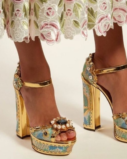 Valeria Rhinestone Vintage Embroidery Platform Sandals In Blue