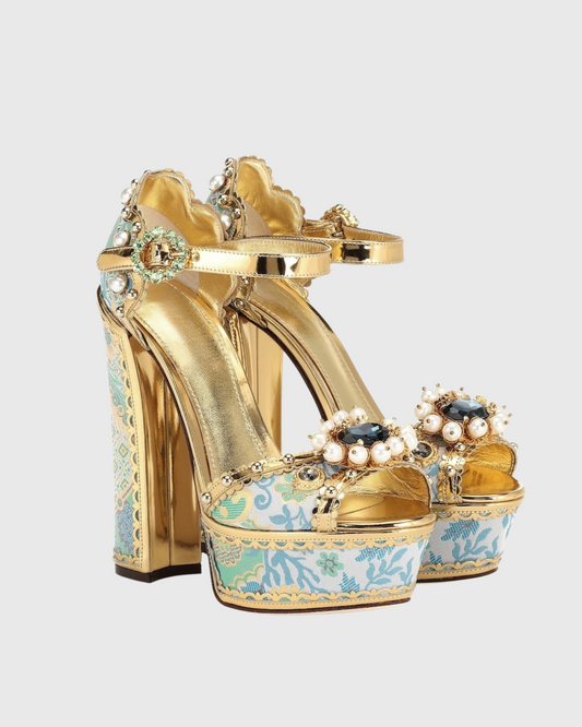 Valeria Rhinestone Vintage Embroidery Platform Sandals In Blue