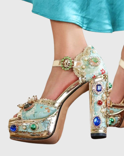 Valeria Rhinestone Vintage Embroidery Platform Sandals In Green