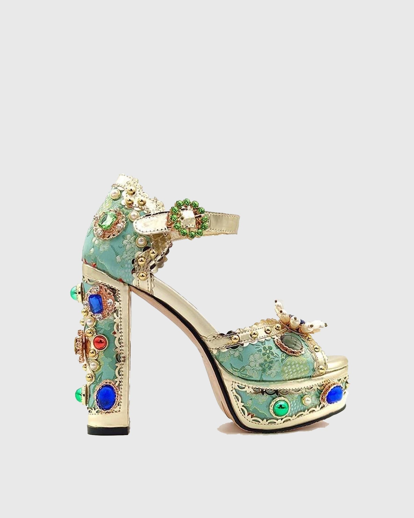 Valeria Rhinestone Vintage Embroidery Platform Sandals In Green