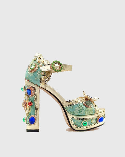 Valeria Rhinestone Vintage Embroidery Platform Sandals In Green