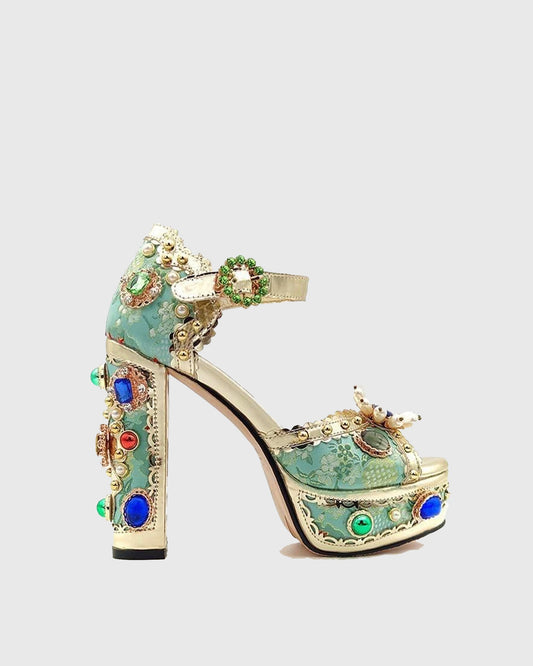 Valeria Rhinestone Vintage Embroidery Platform Sandals In Green