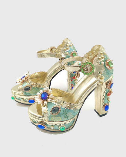 Valeria Rhinestone Vintage Embroidery Platform Sandals In Green