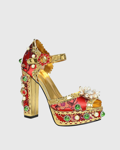 Valeria Rhinestone Vintage Embroidery Platform Sandals In Red