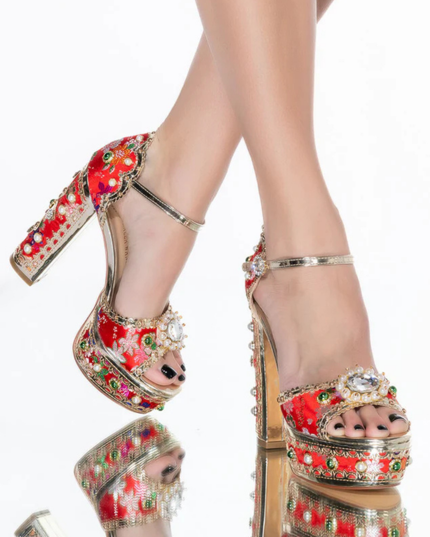 Valeria Rhinestone Vintage Embroidery Platform Sandals In Red