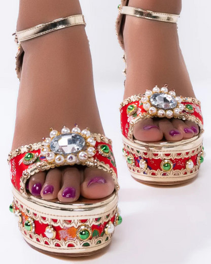 Valeria Rhinestone Vintage Embroidery Platform Sandals In Red
