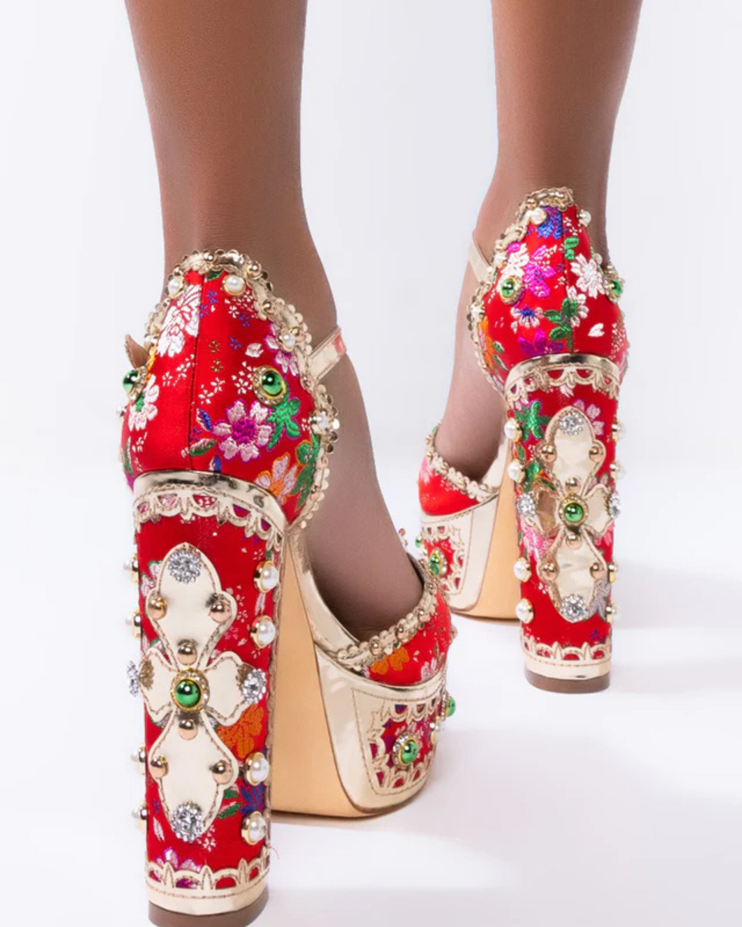 Valeria Rhinestone Vintage Embroidery Platform Sandals In Red